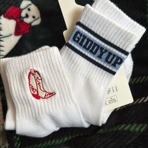 PINK Victoria's Secret White 2 pk Crew Socks GIDDY UP & Cowgirl Boots!